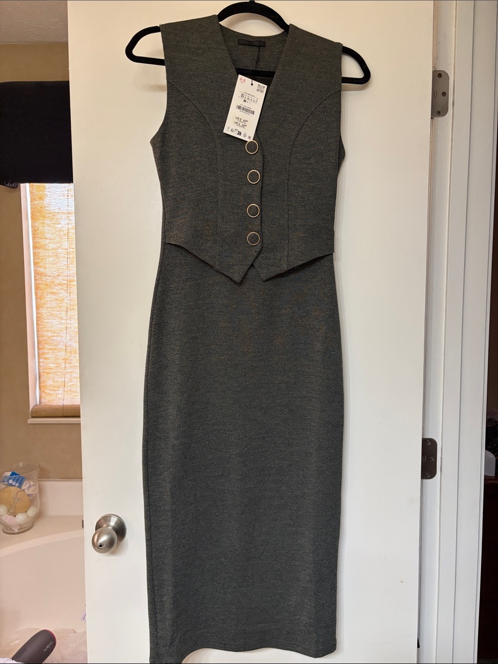 Zara Sleeveless Dark Gray Sheath Dress with Vest Bodice